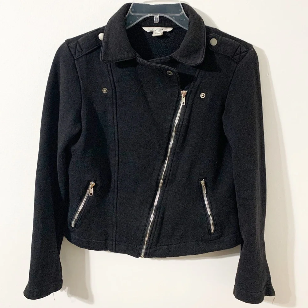 Derek Heart Asymmetrical Zipped Cropped Jersey Knit Moto Style Jacket Black⚫️ ⚪️